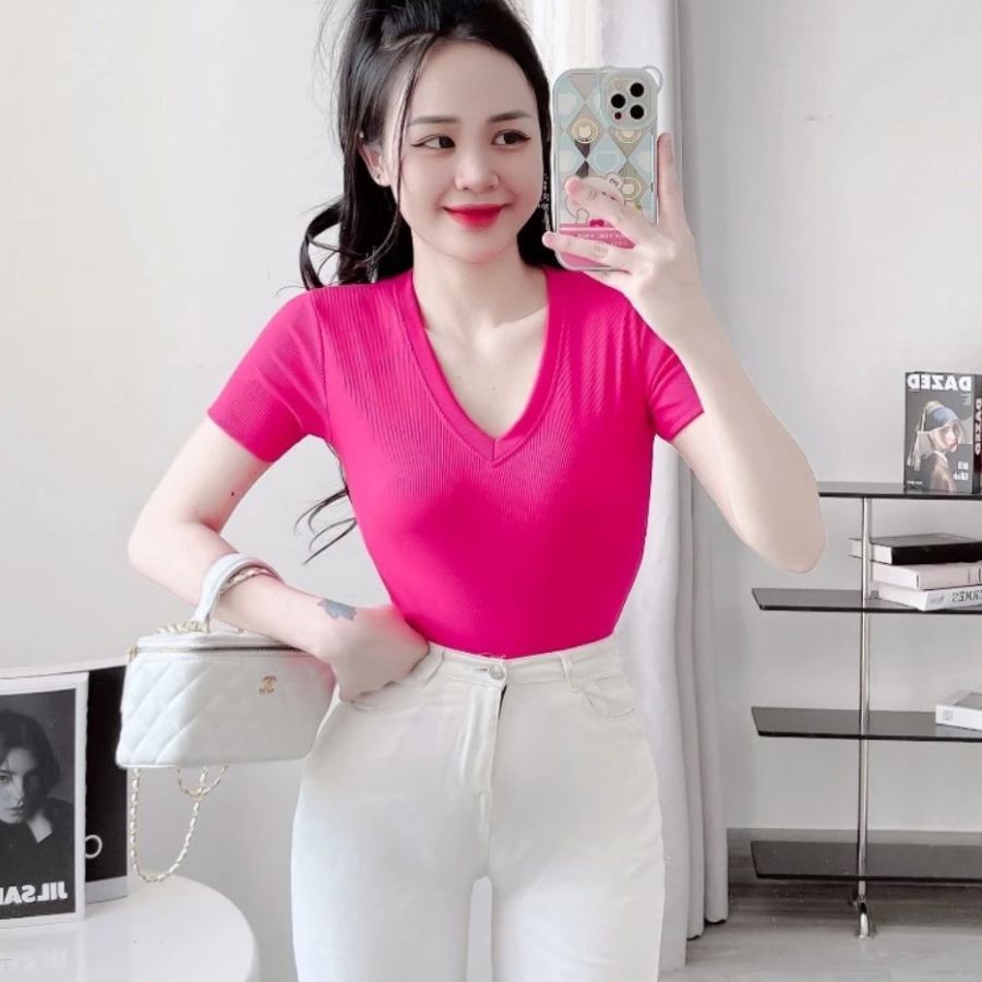 Áo Thun Nữ Bigsize Cổ Tròn / Cổ Tim Tay Ngắn Form Ôm Chất Thun Gân Tăm Co Giãn Mềm Mát ESHOP