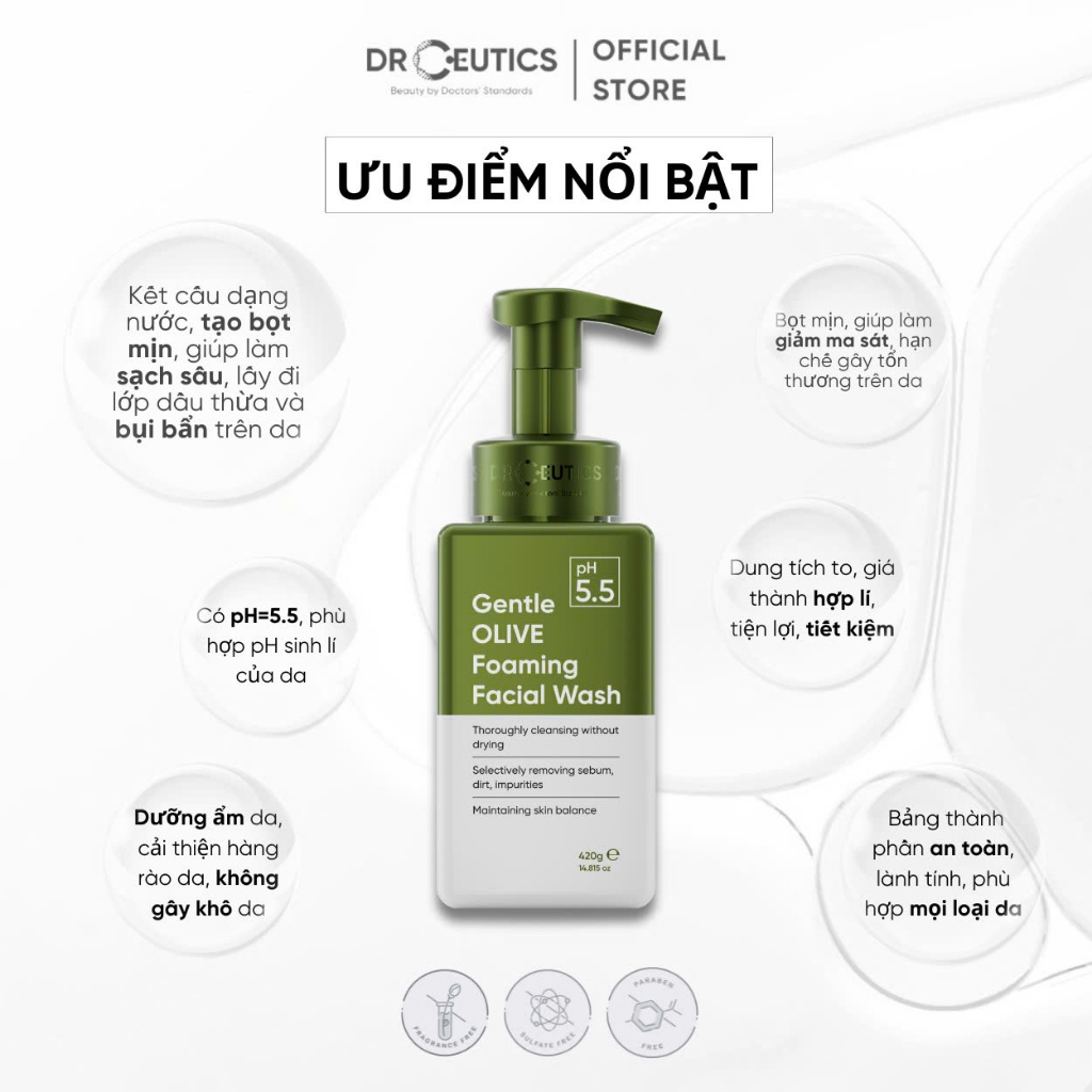Ảnh DrCeutics Sữa Rửa Mặt Tạo Bọt Gentle Olive Foaming Facial Wash - Cho Mọi Loại Da, Da Nhạy Cảm 420g 2