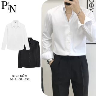 Áo sơ mi cổ V Button-Dow hàn quốc slimfit trắng đen vải lụa chống nhăn VINTINO SMV2C
