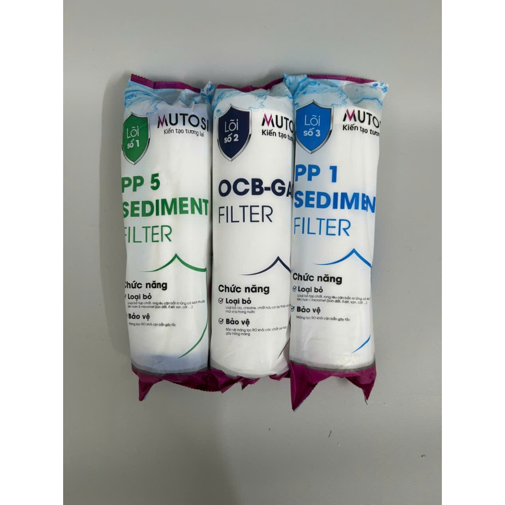 Bộ 3 lõi lọc thô 1 2 3 Mutosi dùng cho máy lọc RO có 3 cốc lọc 10inch (Dòng Thường)