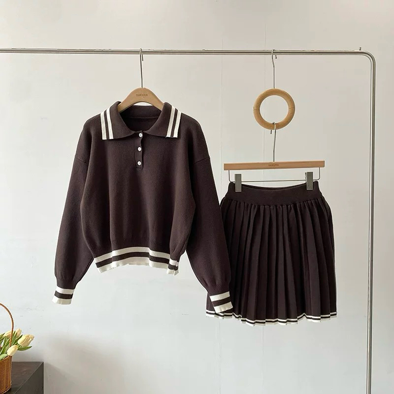 Set 2 Món Áo Len Sweater cổ Polo Và Chân Váy Len Xếp Ly Thu Đông - SANA CLOSET