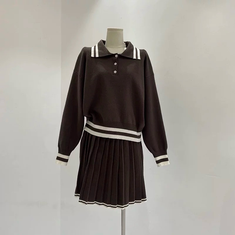 Set 2 Món Áo Len Sweater cổ Polo Và Chân Váy Len Xếp Ly Thu Đông - SANA CLOSET