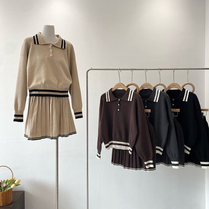 Set 2 Món Áo Len Sweater cổ Polo Và Chân Váy Len Xếp Ly Thu Đông - SANA CLOSET