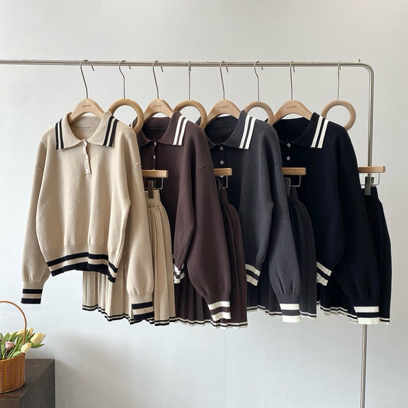 Set 2 Món Áo Len Sweater cổ Polo Và Chân Váy Len Xếp Ly Thu Đông - SANA CLOSET