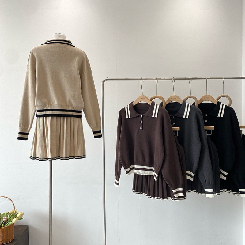 Set 2 Món Áo Len Sweater cổ Polo Và Chân Váy Len Xếp Ly Thu Đông - SANA CLOSET