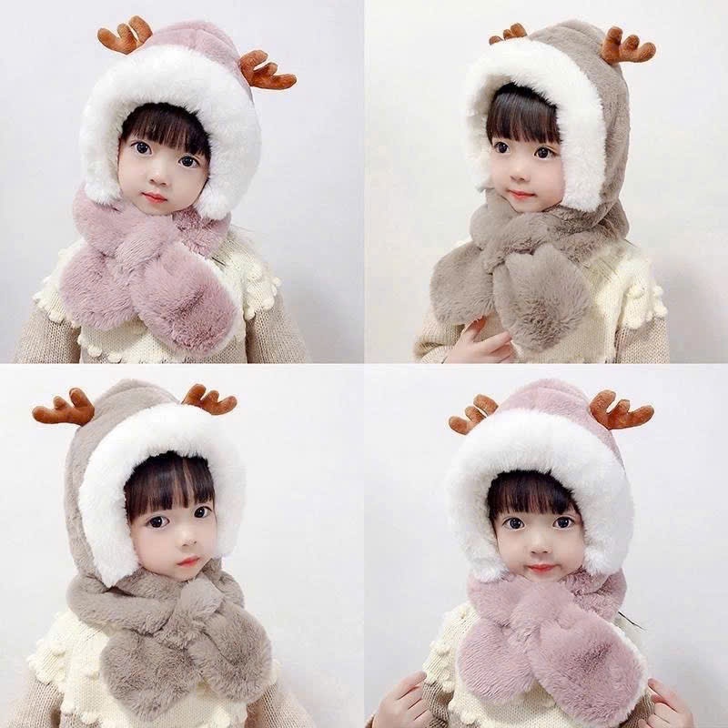 Mũ lông trùm đầu kèm khăn cổ giữ ấm cho bé sừng nai kute