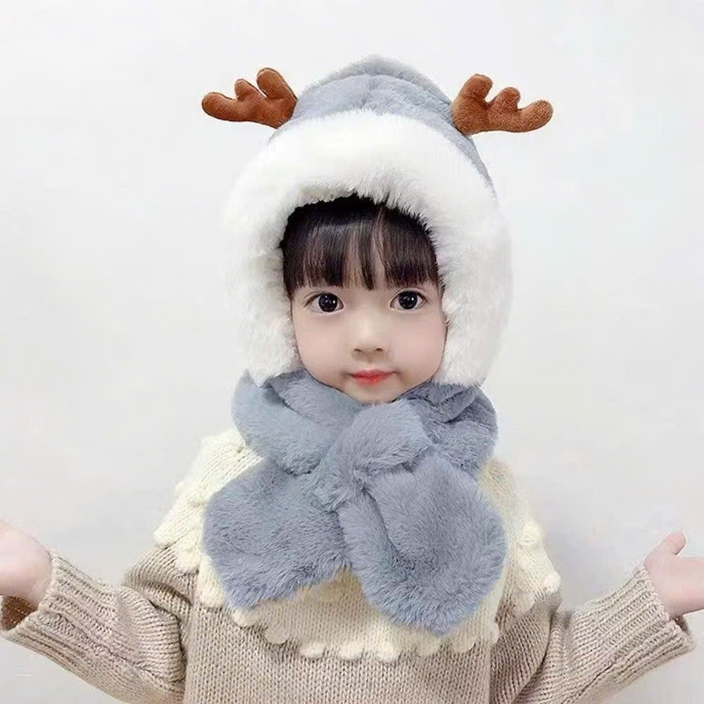 Mũ lông trùm đầu kèm khăn cổ giữ ấm cho bé sừng nai kute