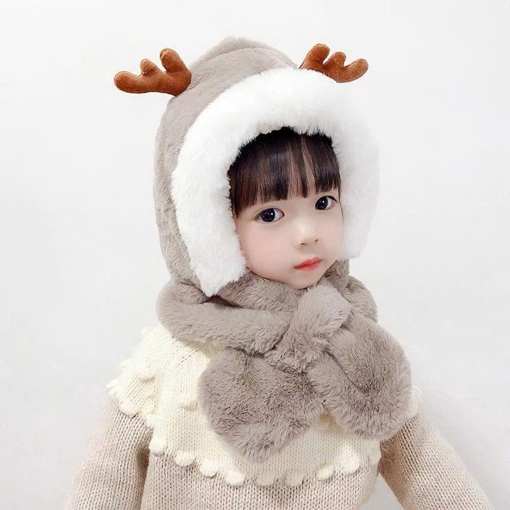 Mũ lông trùm đầu kèm khăn cổ giữ ấm cho bé sừng nai kute