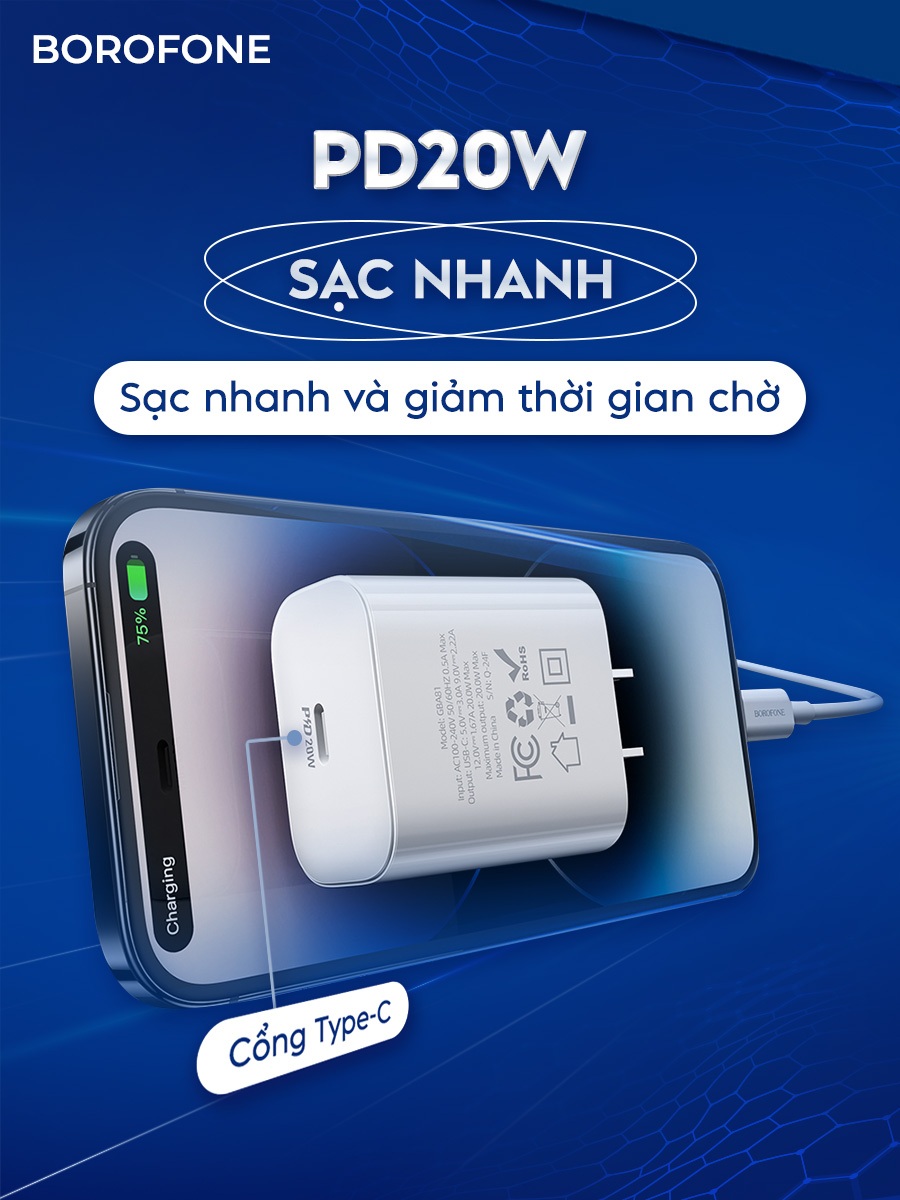 Ảnh Sạc nhanh PD 20W Borofone BAS13 BA81 dây dài 1 mét hỗ trợ dòng sạc nhanh 9V 2.2A 1