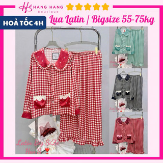 Đồ ngủ nữ bigsize 55-75kg, pijama dài tay cổ sen bèo lụa latin mịn mát 75DD24, đồ bộ nữ đồ mặc nhà tiểu thư dễ thương
