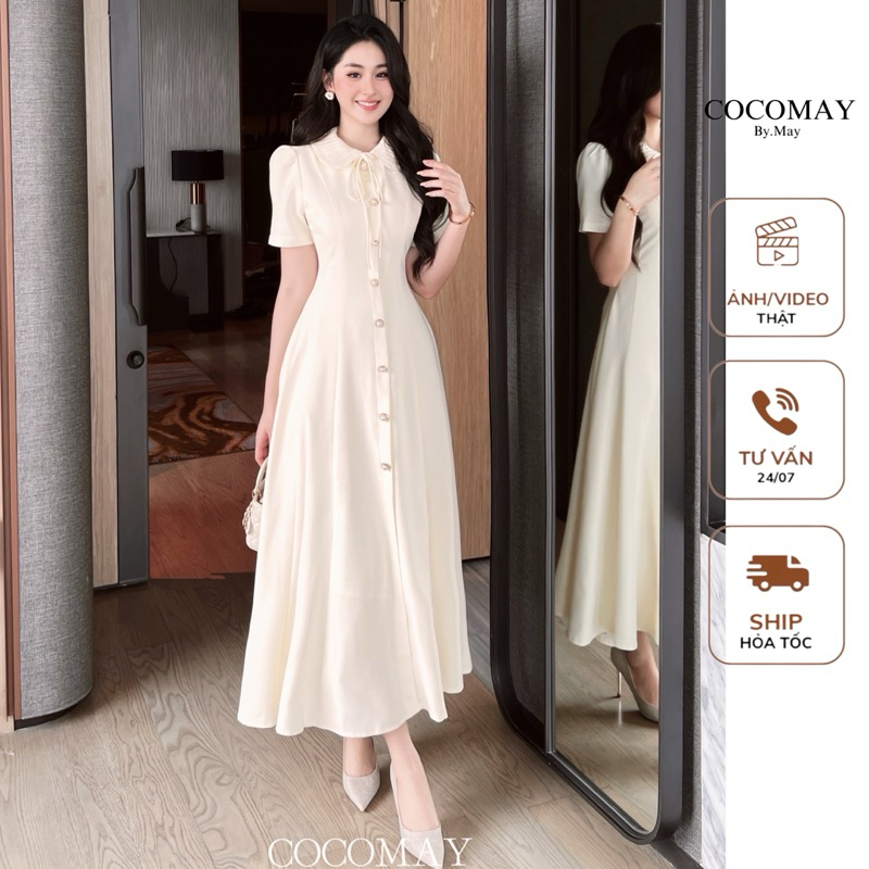 COCOMAY Đầm Minla tiểu thư lá cổ xếp đính nút kiểu midi thanh lịch Màu ...