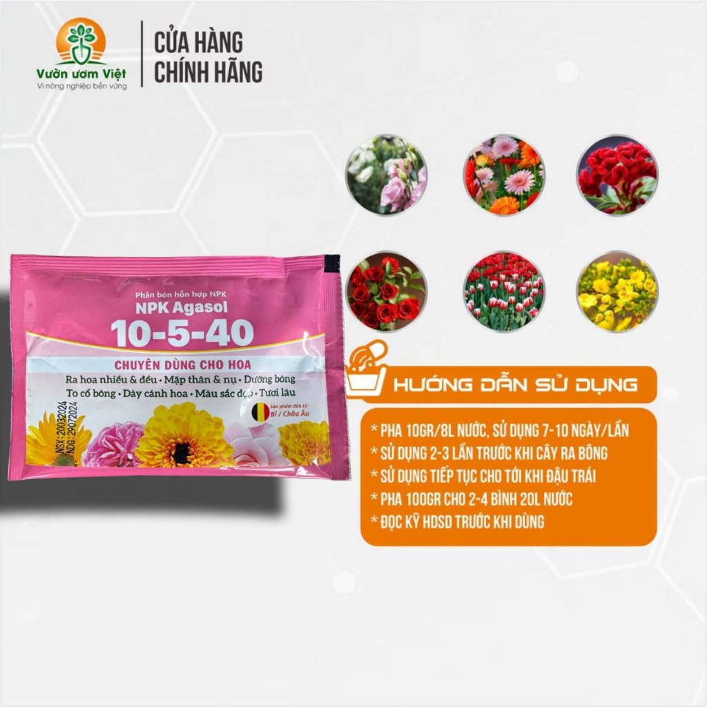 Phân bón 10-5-40 chuyên dưỡng hoa to bông, đẹp màu, lâu tàn, thơm lâu