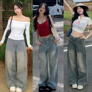 Quần jean bò ống rộng suông xuông nữ jeans cạp cao phong cách Hàn Quốc 2023