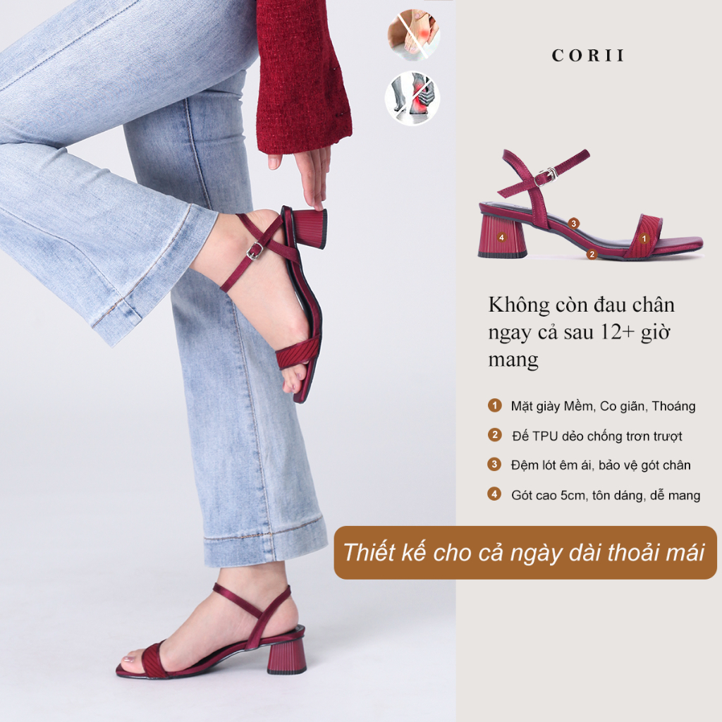 CORII - Giày Sandal Cao Gót Quai Ngang Bản Nhỏ Mũi Vuông Thời Trang và Thoải Mái Nhất - CR6TE25 Đỏ