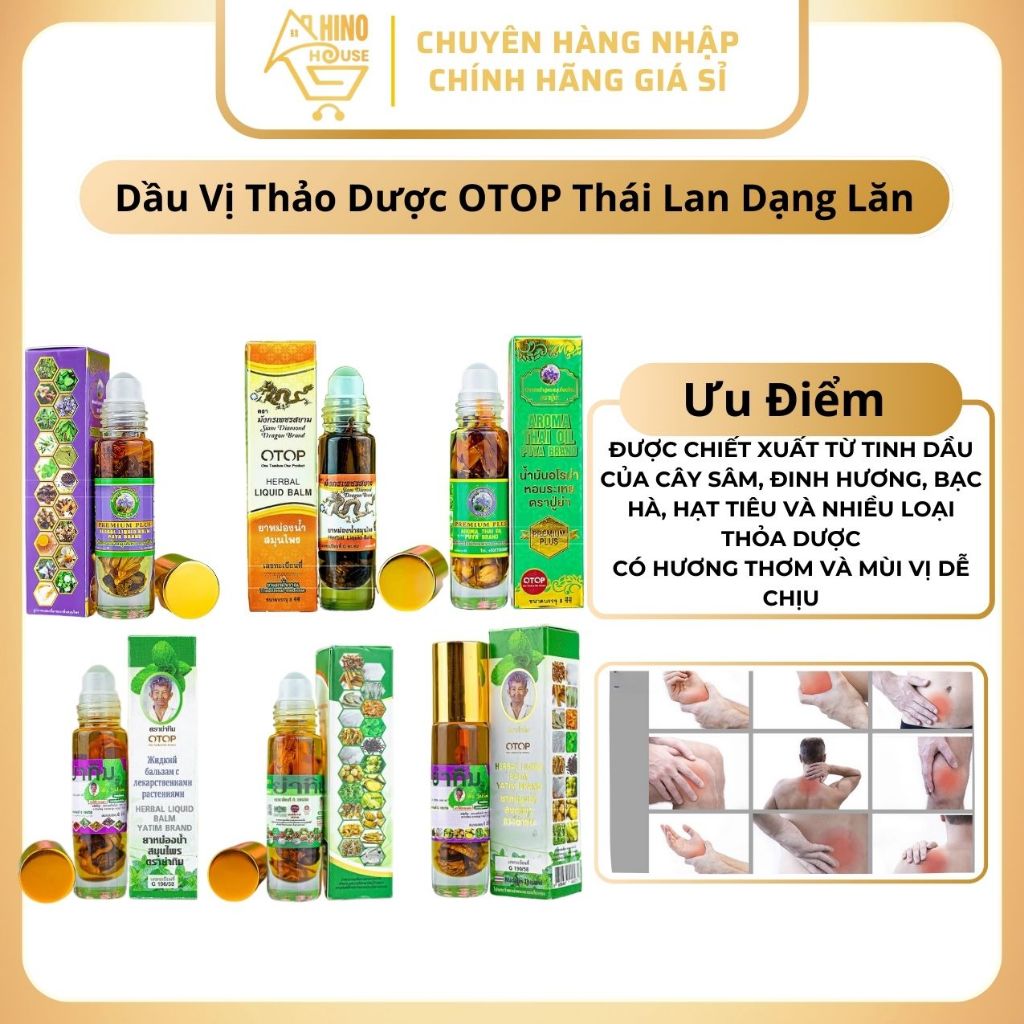 Lốc 12 Chai Dầu Vị Thảo Dược Otop Herbal Liquid Balm 8ml Thái Lan Dạng Lăn, Dầu Xoa Bóp - Hinohouse