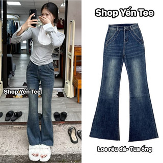 Quần jeans loe xanh rêu bụi túi viền dài 100cm Yến Tee #10062