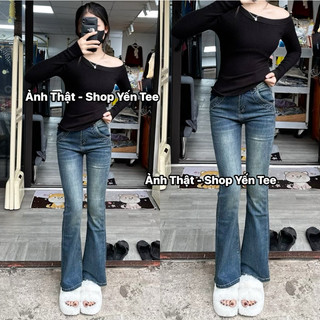 Quần jeans loe xanh rêu bụi túi viền dài 100cm Yến Tee #10062