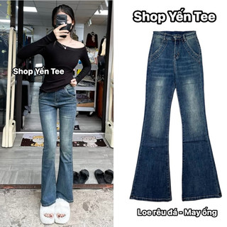 Quần jeans loe xanh rêu bụi túi viền dài 100cm Yến Tee #10062