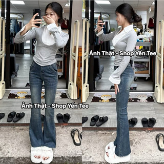 Quần jeans loe xanh rêu bụi túi viền dài 100cm Yến Tee #10062