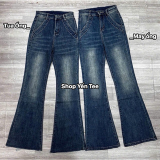 Quần jeans loe xanh rêu bụi túi viền dài 100cm Yến Tee #10062