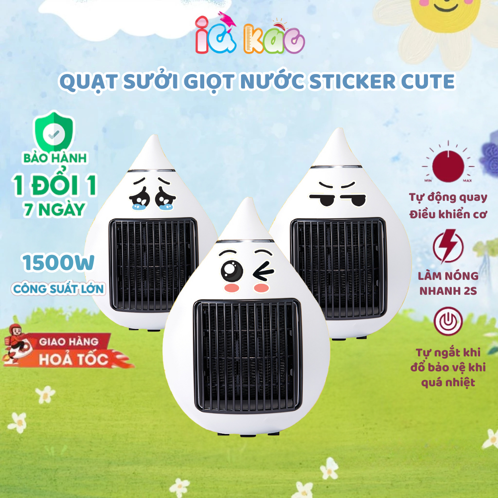 Quạt sưởi gốm 1500w giọt nước IQKAO có sticker cute sưởi ấm 2 chế độ ...