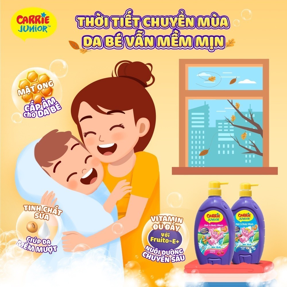 Combo Chai 700G + 2 Túi 500G Sữa Tắm Gội cho bé Carrie Junior Hương trái cây thiên nhiên Cheeky Cherry - Live