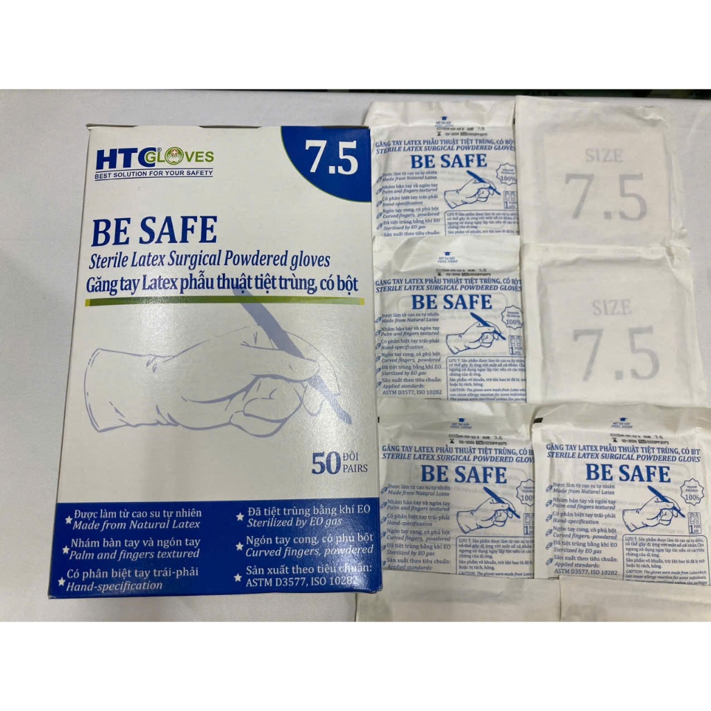Hộp 50 đôi Găng tay phẫu thuật tiệt trùng có bột HTC