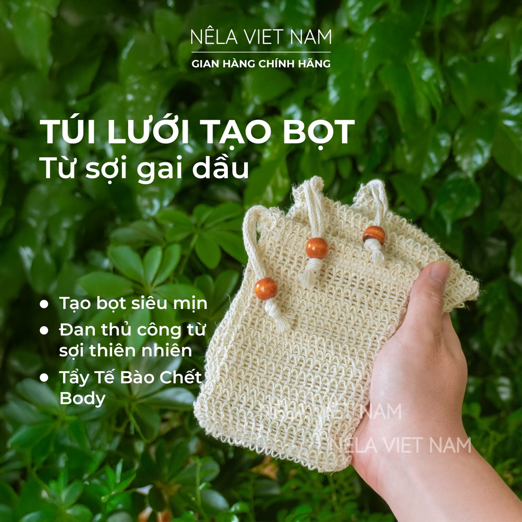 Túi Lưới Tạo Bọt Đựng Xà Phòng Xà Bông Cục NẾP LÀNG VIỆT NAM Từ Sợi Gai Dầu Đan Thủ Công Có Dây Rút