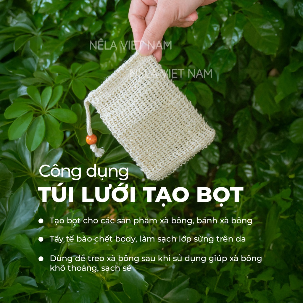Túi Lưới Tạo Bọt Đựng Xà Phòng Xà Bông Cục NẾP LÀNG VIỆT NAM Từ Sợi Gai Dầu Đan Thủ Công Có Dây Rút
