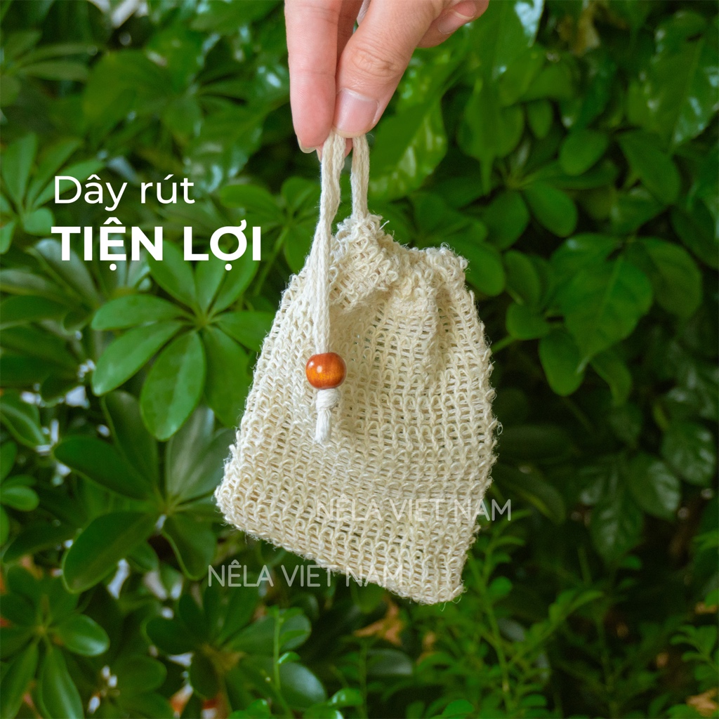 Túi Lưới Tạo Bọt Đựng Xà Phòng Xà Bông Cục NẾP LÀNG VIỆT NAM Từ Sợi Gai Dầu Đan Thủ Công Có Dây Rút