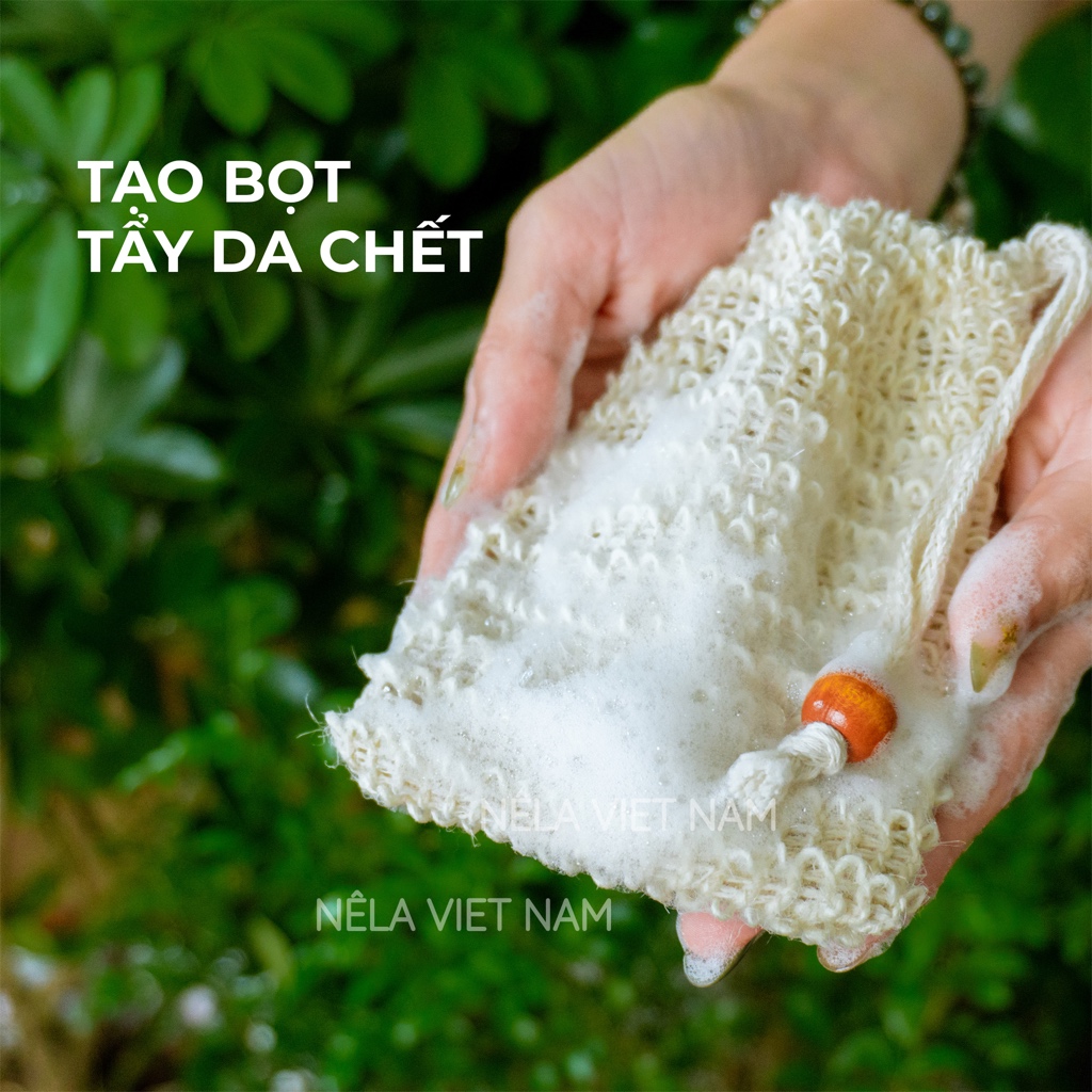 Túi Lưới Tạo Bọt Đựng Xà Phòng Xà Bông Cục NẾP LÀNG VIỆT NAM Từ Sợi Gai Dầu Đan Thủ Công Có Dây Rút