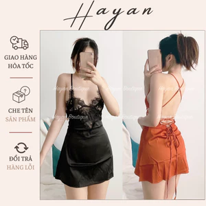 HT81 Váy ngủ sexy ren ngực cổ yếm hở lưng gợi cảm, đầm ngủ lụa mặc nhà quyến rũ HT81