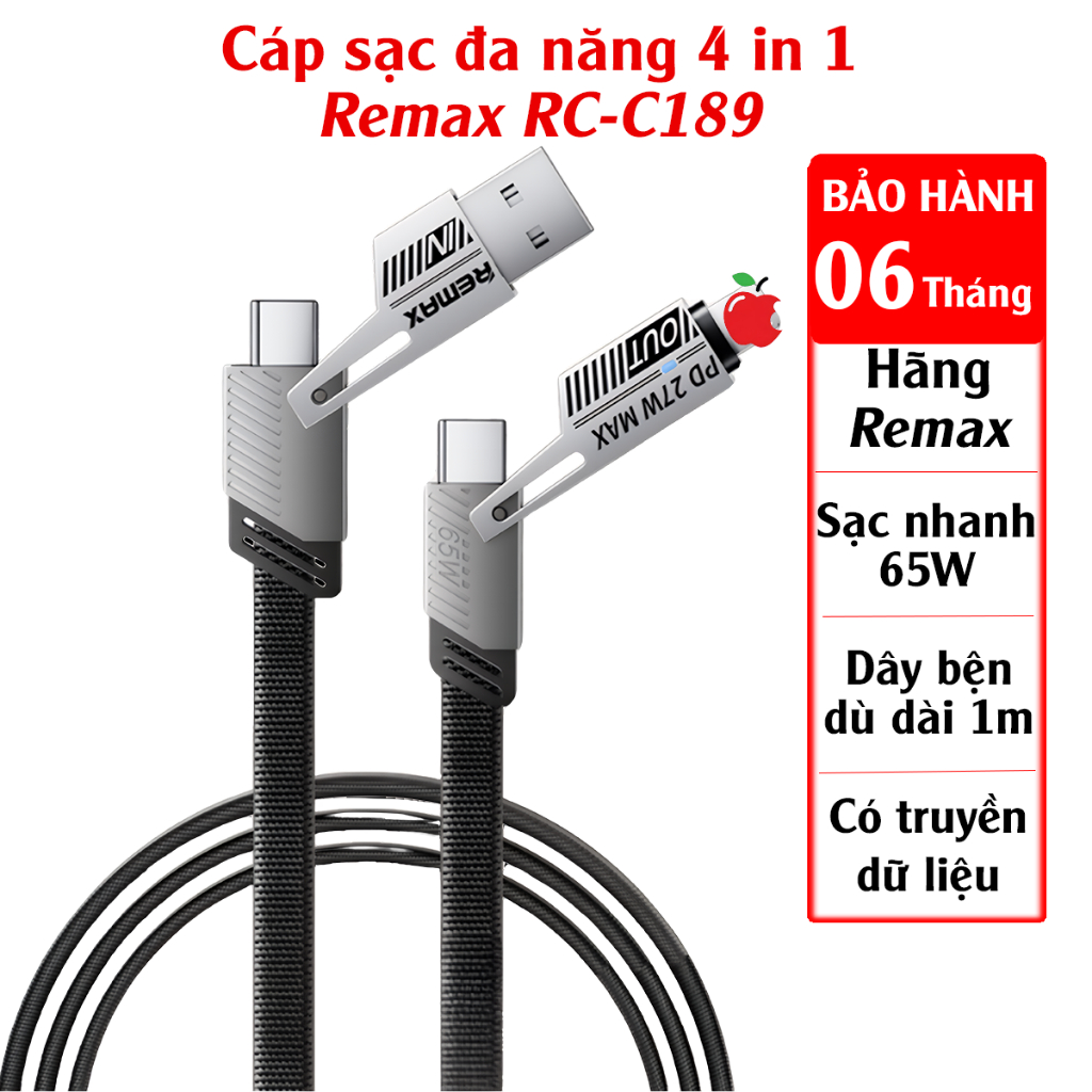 Cáp sạc nhanh đa năng 4 trong 1 65W Remax RC-C189 Sạc siêu nhanh nhiều ...