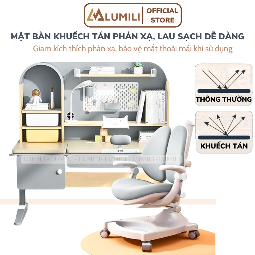 Bàn học chống gù thông minh, bàn ngồi học trẻ em Lumili D612 size 1m2 gỗ tự nhiên cao cấp