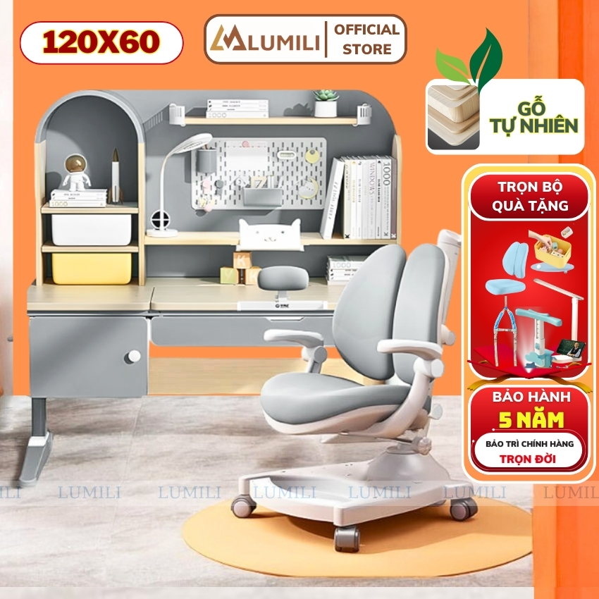 Bàn học chống gù thông minh, bàn ngồi học trẻ em Lumili D612 size 1m2 gỗ tự nhiên cao cấp