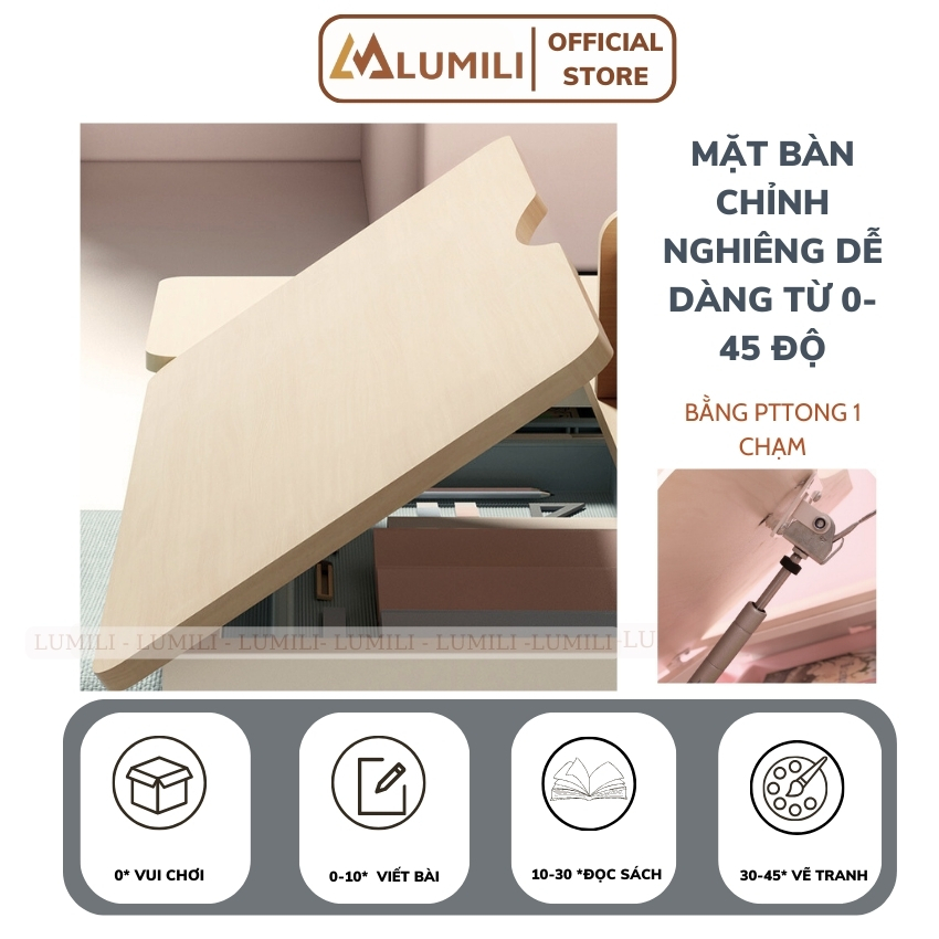 Bàn học chống gù thông minh, bàn ngồi học trẻ em Lumili D612 size 1m2 gỗ tự nhiên cao cấp