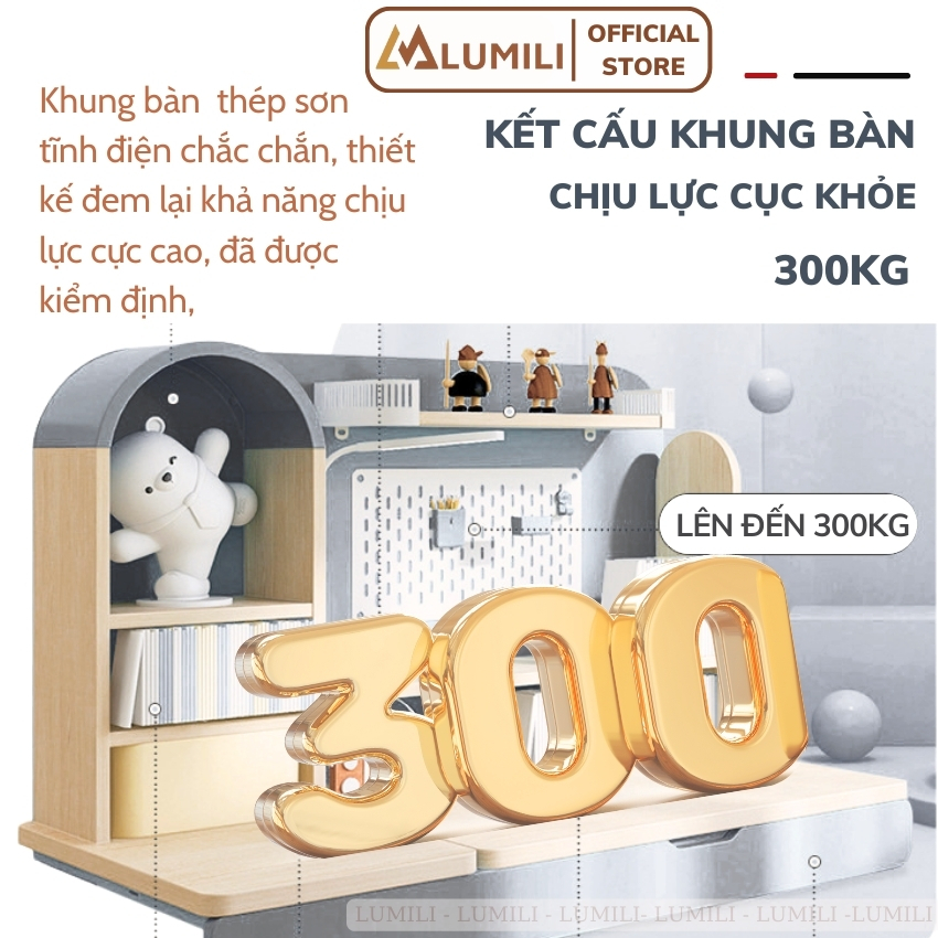 Bàn học chống gù thông minh, bàn ngồi học trẻ em Lumili D612 size 1m2 gỗ tự nhiên cao cấp
