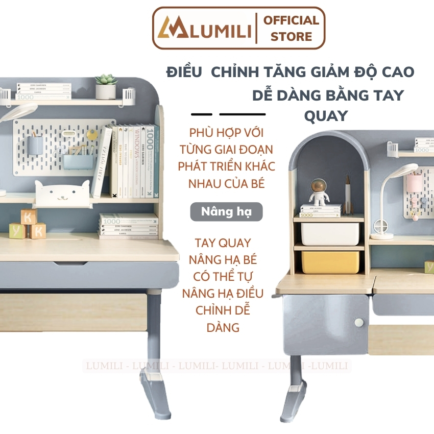 Bàn học chống gù thông minh, bàn ngồi học trẻ em Lumili D612 size 1m2 gỗ tự nhiên cao cấp