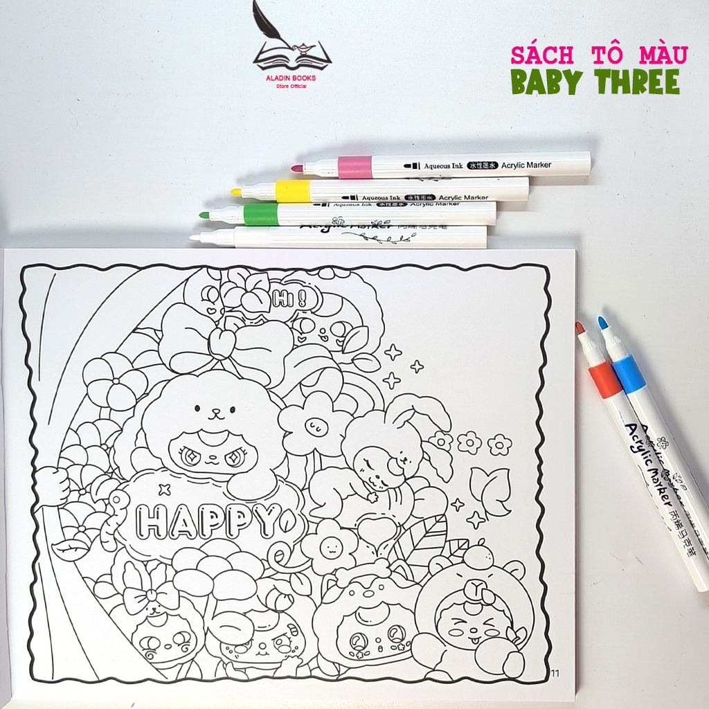 Sách- Tô Màu Baby Three Something Make Me Happy- Quà Tặng- Chất Lượng Giấy Cao Cấp-Tiểu Tranh