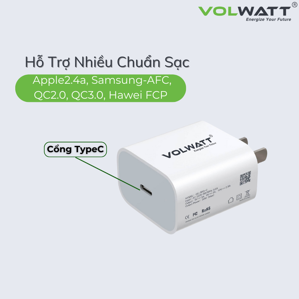 Củ Sạc Nhanh 20W Type-C Sạc Nhanh Chống Cháy Nổ Chính Hãng Volwatt Bảo Hành 12 Tháng GE-IP-20C