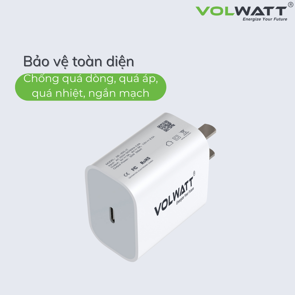 Củ Sạc Nhanh 20W Type-C Sạc Nhanh Chống Cháy Nổ Chính Hãng Volwatt Bảo Hành 12 Tháng GE-IP-20C