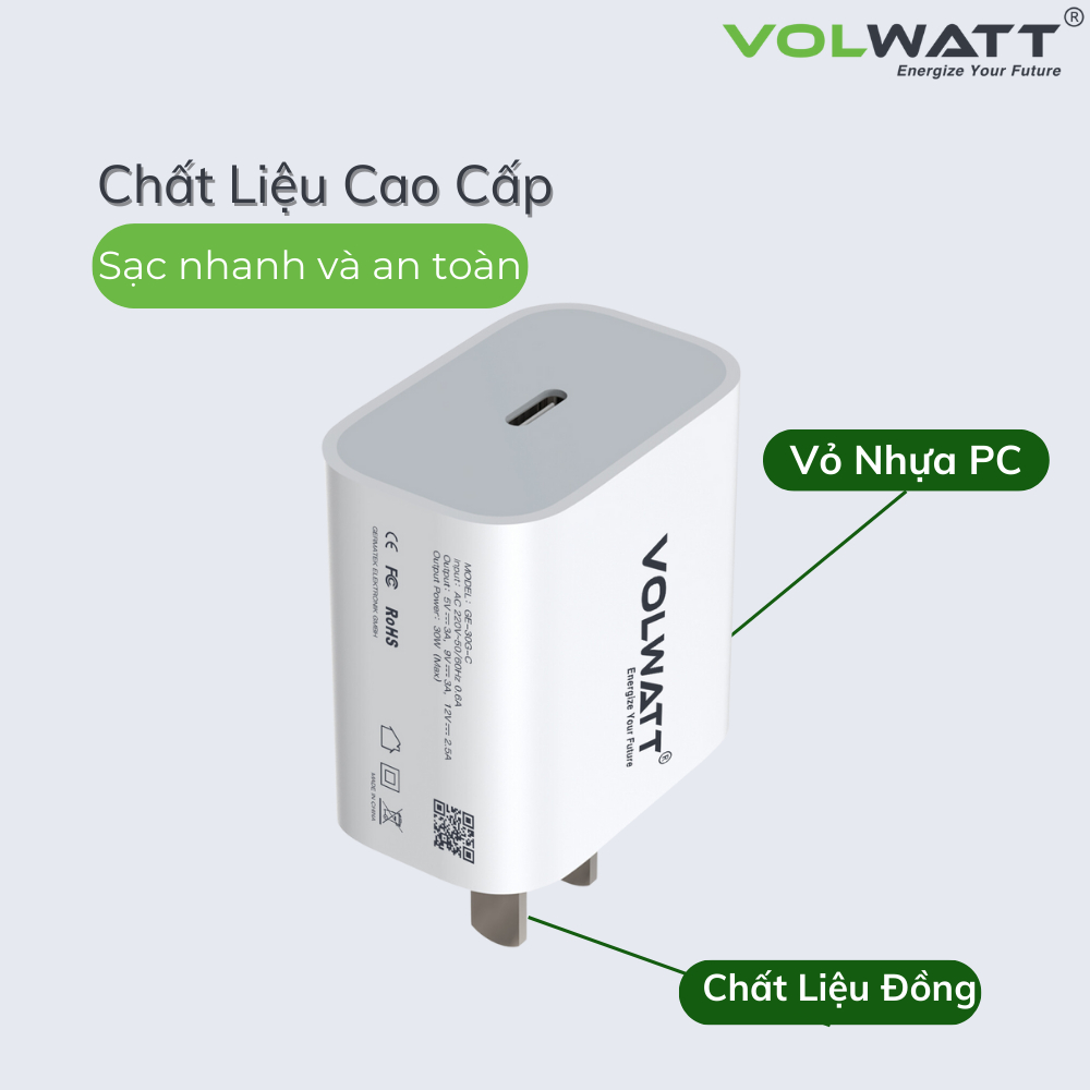Củ Sạc Nhanh 20W Type-C Sạc Nhanh Chống Cháy Nổ Chính Hãng Volwatt Bảo Hành 12 Tháng GE-IP-20C
