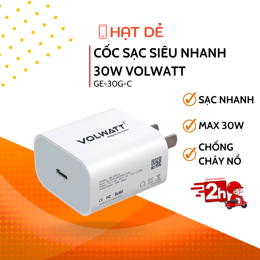 Củ Sạc Siêu Nhanh 30W Volwatt Chống Cháy Nổ Chính Hãng Volwatt Bảo Hành 12 Tháng GE-30G-C