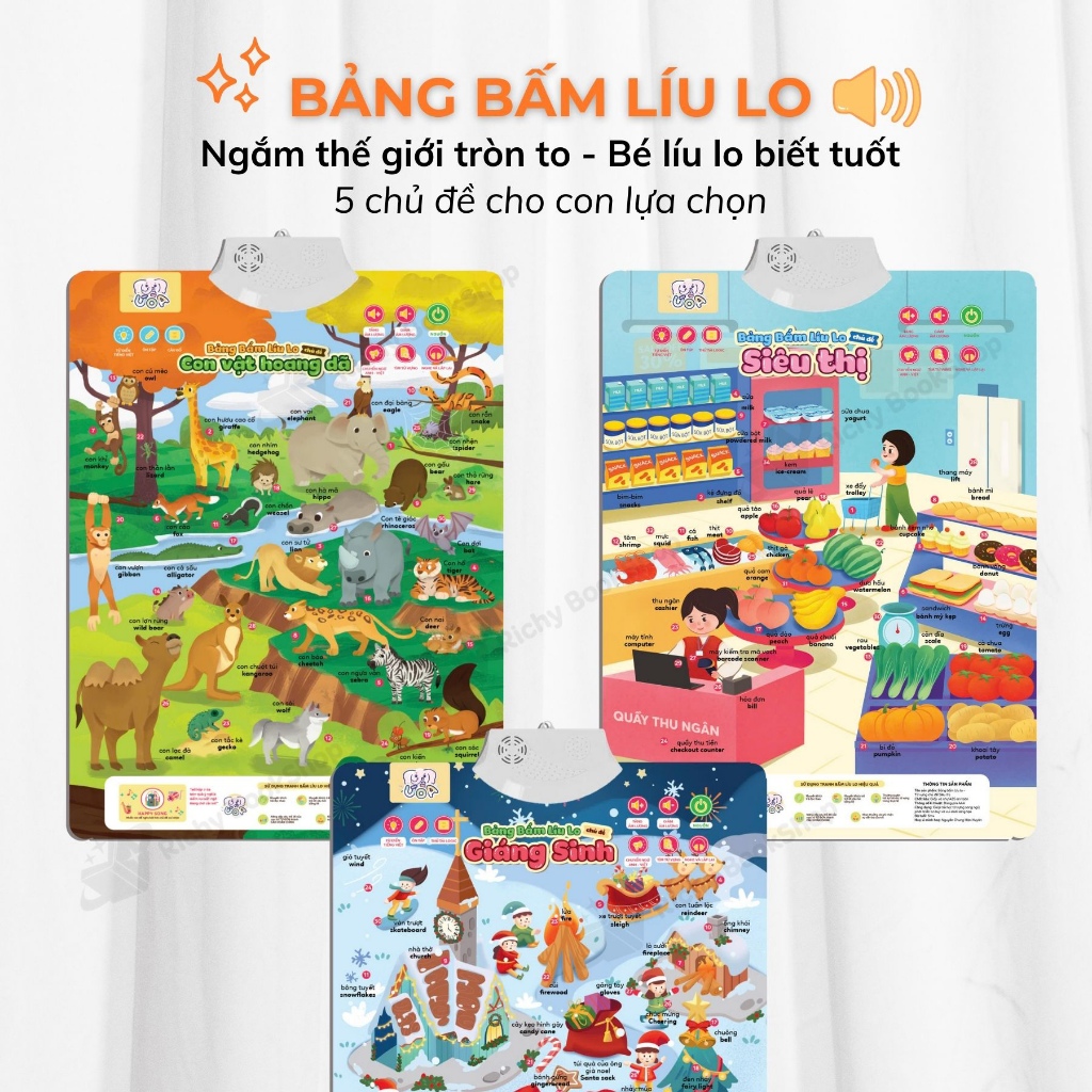 Bảng bấm líu lo Ú ÒA 5 chủ đề, dạy bé học phát âm song ngữ Anh Việt