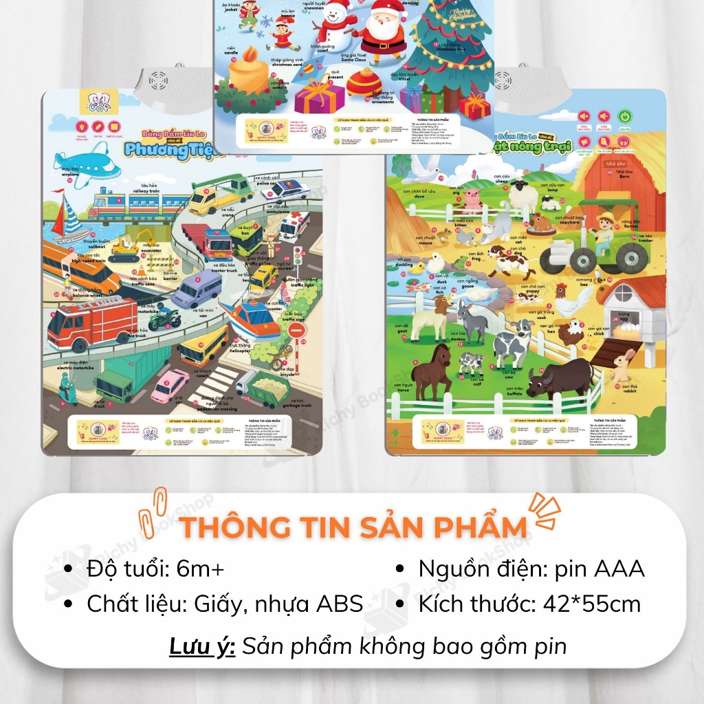 Bảng bấm líu lo Ú ÒA 5 chủ đề, dạy bé học phát âm song ngữ Anh Việt