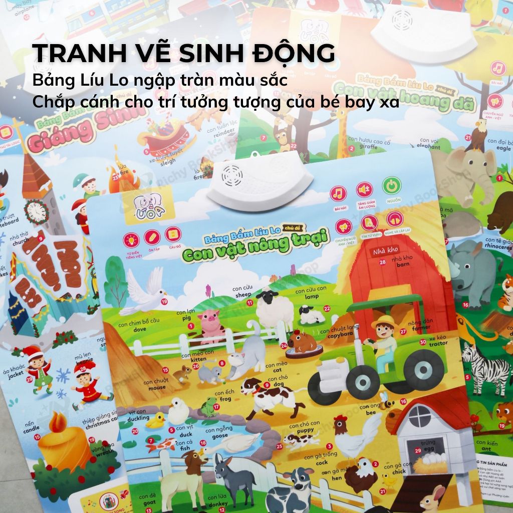 Bảng bấm líu lo Ú ÒA 5 chủ đề, dạy bé học phát âm song ngữ Anh Việt