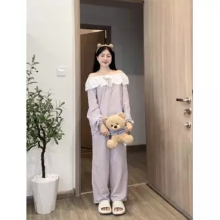 Bộ đồ ngủ nữ đũi xốp cotton họa tiết viền ren dáng dài form rộng 5 màu pastel Kozoda BN14
