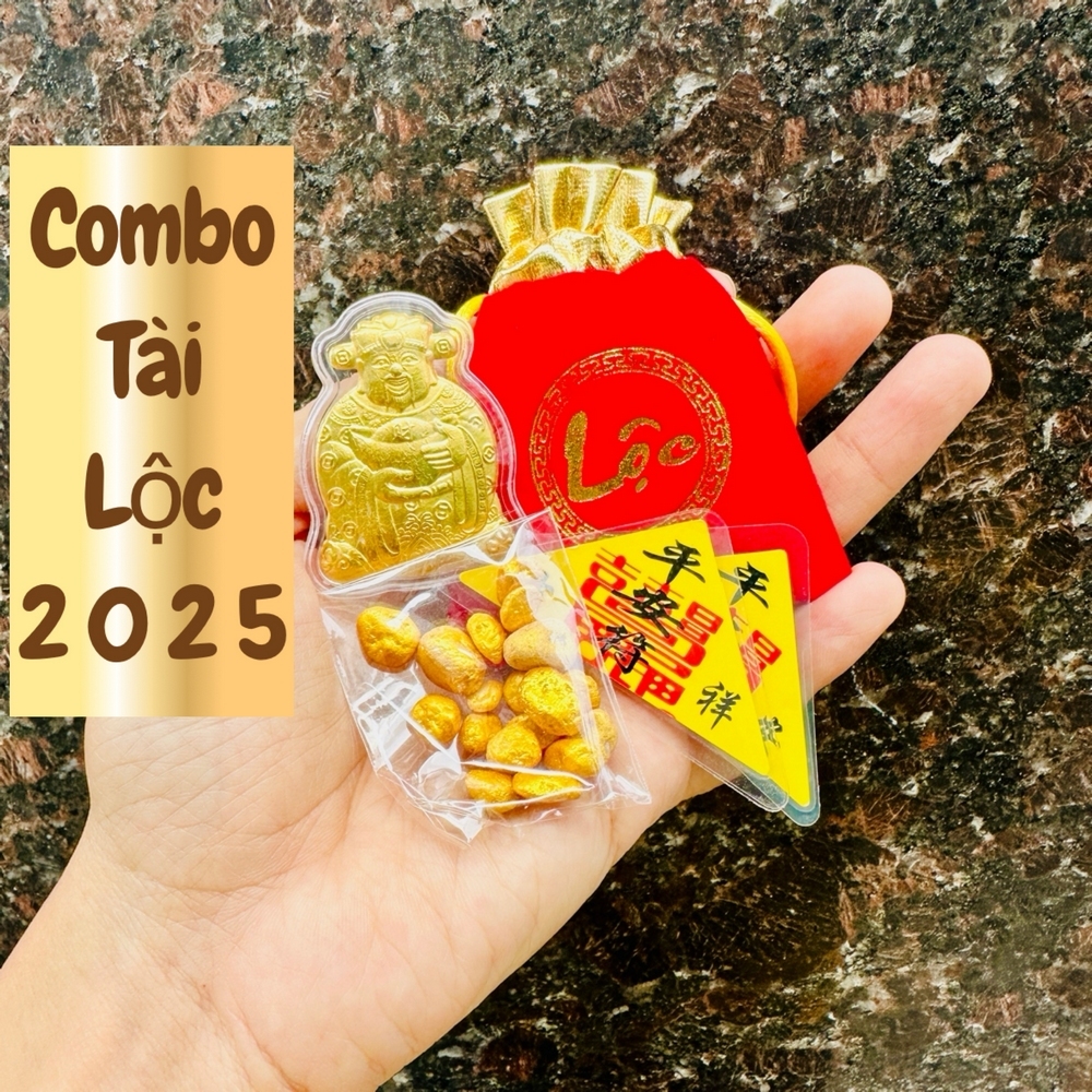 Túi Tài Lộc 2026 gồm Vía Thần Tài Mạ Vàng + 1 Túi Vàng + 2 phù Binh` An