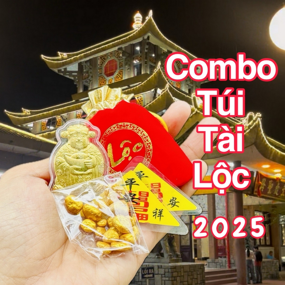 Túi Tài Lộc Rước Lộc Vía Thần Tài 2026 gồm 4 món : Vía Thần Mạ Vàng + Túi vàng + 2 Phù Binh` An