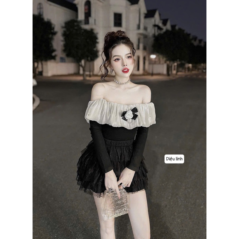 Set áo trễ vai bèo phối nơ hoa mix chân váy ren bèo tầng